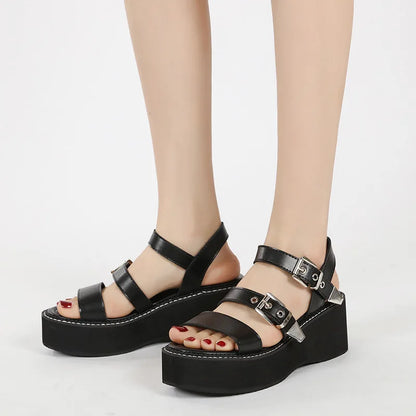 Metal Buckle Decoration Wedge Platform Sandals Women Sexy Open Toe Ankle-Wrap Roman Sandals for Girls Summer Beach Flat Sandals