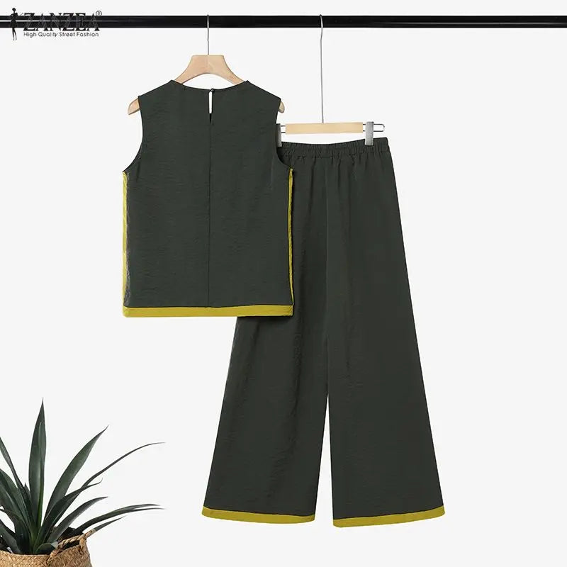 Stylish Summer 2 Pieces Oufits ZANZEA Women Color-Blocking Tracksuit Casual O Neck Sleeveless Tanks Tops Wide Leg Pant Sets 2026
