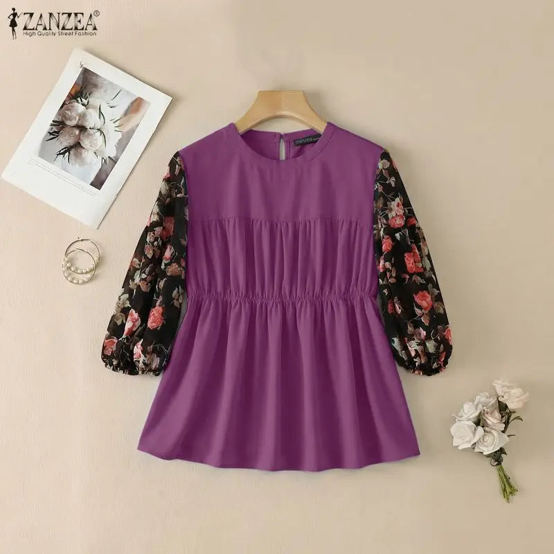ZANZEA Women's Summer Elegant Blouses Floral Printed 3/4 Lantern Sleeve Patchwork Tops Feminine O-Neck Shirred Blusas de Mujer