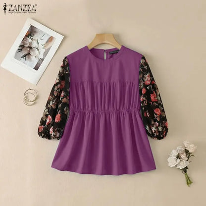 ZANZEA Women's Summer Elegant Blouses Floral Printed 3/4 Lantern Sleeve Patchwork Tops Feminine O-Neck Shirred Blusas de Mujer