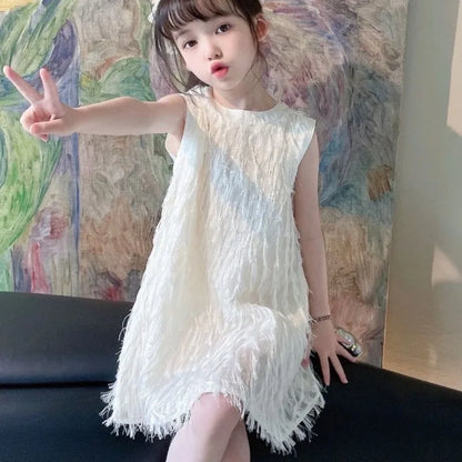 Trendy and Chic Fairy Princess Vest Dress for Baby with Stylish Tassel Bow Girl Girls Dresses 2 To 8 Years Cotton Kids White 6