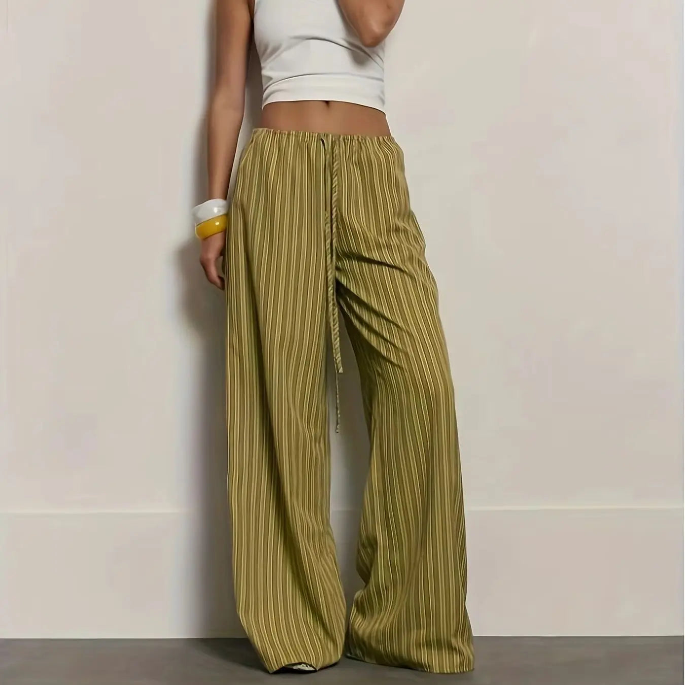 Women's Green Striped Wide-Leg Pants, New Summer Arrival, Drawstring Elastic Waist, Draping Casual Trousers, Lazy Style Floor-Le