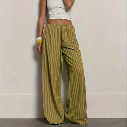 Women's Green Striped Wide-Leg Pants, New Summer Arrival, Drawstring Elastic Waist, Draping Casual Trousers, Lazy Style Floor-Le