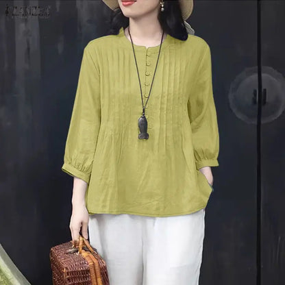 ZANZEA Women Casual Pintuck Blouses Spring Summer O-Neck Half Buttons 3/4 Lantern Sleeve Tops Loose Solid Color Blusas de Mujer