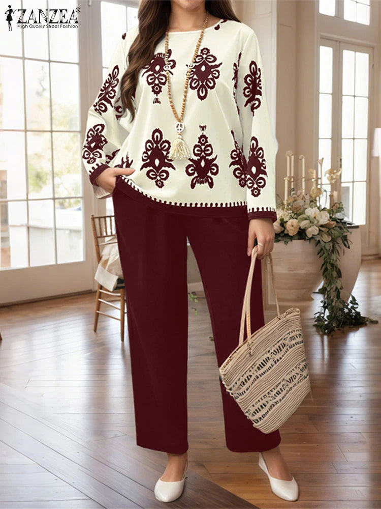 Plus Size Sets ZANZEA 2026 Autumn Women Elegant Pants Sets Vintage Printed Long Sleeve Tops Long Pants Office Lady Suits Casual