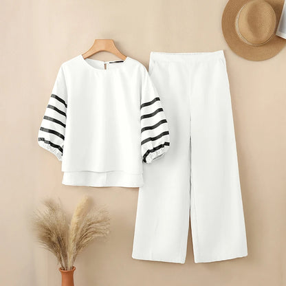 2026 ZANZEA Summer Wide Leg Pant Sets Fashion Women Outfits 3/4 Sleeve Blouse Trousers Striped OL Work Tracksuit 2 Pieces Sets