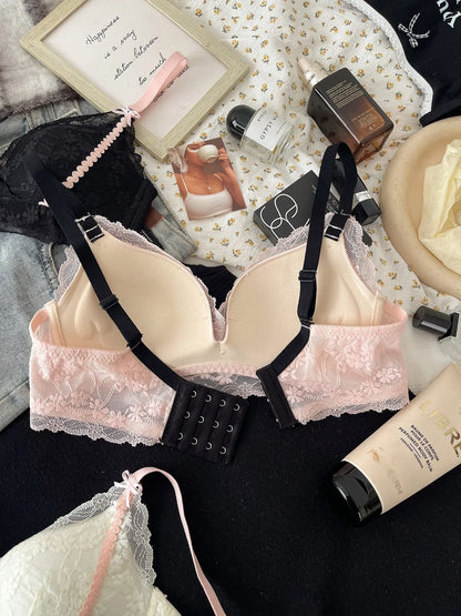 Lace lingerie for women wireless push-up bra for small breasts enhances cleavage & lifts side support to gather underarm fat