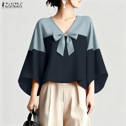 ZANZEA Woman Elegant Chic Blouses Contrast-Color Bow Detail V-Neck 3/4 Bell Sleeves Pullover Tops Summer Casual Blusas de Mujer