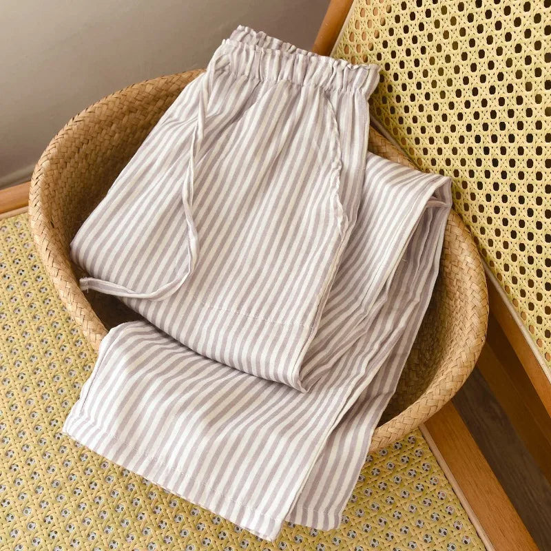 2026 New Women's Spring/Summer Sleeper Pants 100% Cotton Gauze Striped Tether Pants Striped Loose Thin Home Pants