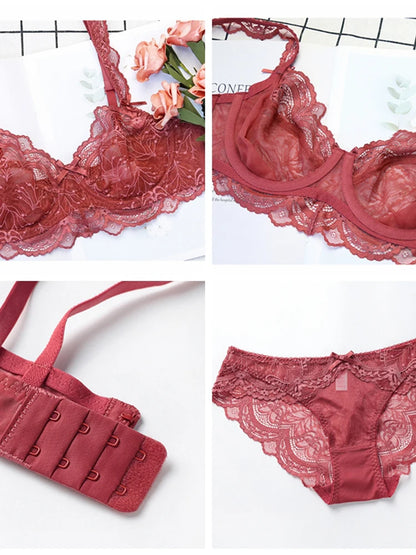 Sexy Lace Ultra Thin Transparent Bra and Panties Set Underwear Set Lingerie Women Brassieres A B C D E Cup 95C 95D