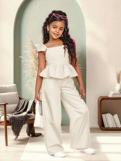 Girls' Peplum Wide Leg Jumpsuit, Casual Slim-Fit, Square Neck, All-In-One Design, Comfortable for Daily Wear & Weekend Trips