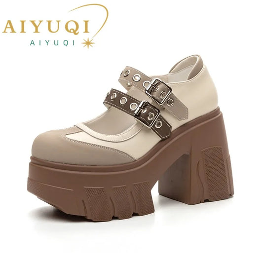 AIYUQI Mary Jane Shoes Women 2026 New Genuine Leather Women High Heels Color Block 11cm Platform Girls Shoes