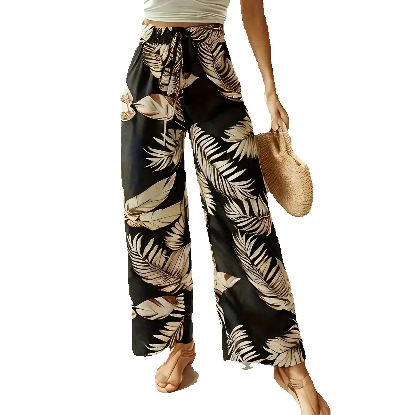 2026 Casual and Elegant Bohemian Style - Loose and Comfortable with Leaf Printed Wide Leg Elastic Waist Wide Leg Pants