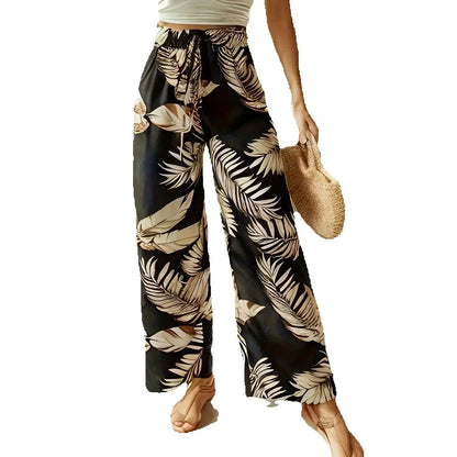 2026 Casual and Elegant Bohemian Style - Loose and Comfortable with Leaf Printed Wide Leg Elastic Waist Wide Leg Pants