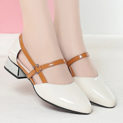2024 Soft Leather Sandals Women Spring Summer Fashion Pointed Tip Single Shoes Low-Heel Hollow Buckle Ventilate Office Gentle