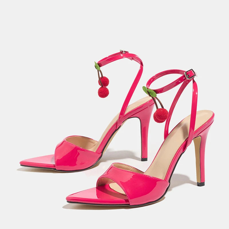 Cute Fruit Pendant Decoration Pink Ankle Strap Heeled Sandals Women Summer Sexy Open Toe High Heels for Ladies Party Dress Shoes