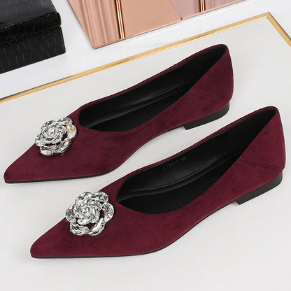 2026 Luxury Low Heeled Shoes Women Sharp Pointed Shallow Mouth Rhinestone Women's Shoes Suede Low Heeled Shoes With Women Pumps