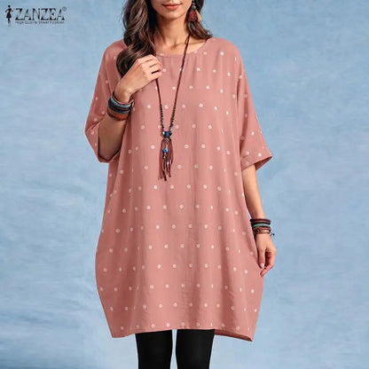 ZANZEA Woman Polka Dot Loose Long Blouses Round Neck 3/4 Sleeves Oversized Tunic Tops Autumn Casual Comfort Daily Wear Blusas