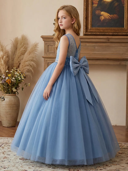 Girl Party Dress Pink Long-style Evening Dress with Large Bow V-neck A Magnificent Evening Dress, Birthday Party, Ball, Banquet