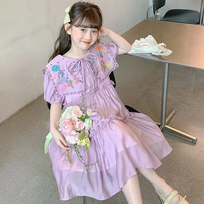 Princess Dress with Puff Sleeves Children Kids Dresses for Girls Summer Suit Girl Fashion Clothes 8 10 Years 12 14 Old Pink Sets