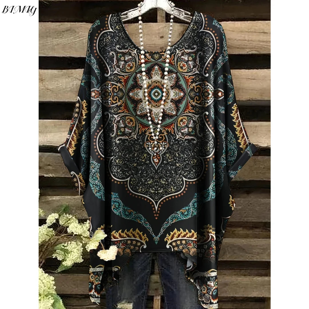 Bohemian Floral Tunic Plus Size Women's Bohemian Floral Print Tunic T-Shirt Short Sleeve Round Neck Casual Top Vibrant 2025