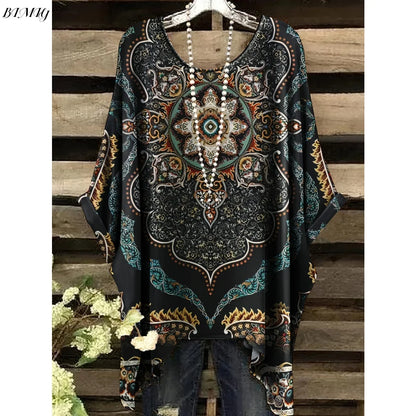 Bohemian Floral Tunic Plus Size Women's Bohemian Floral Print Tunic T-Shirt Short Sleeve Round Neck Casual Top Vibrant 2025