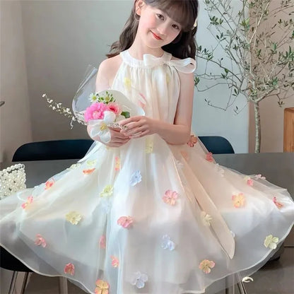 Girls Sleeveless Princess Dresses Baby Print Mesh Sweet Dresses Kids Party Evening Tutu Gown Ball Childrens Clothes 4-12 Years