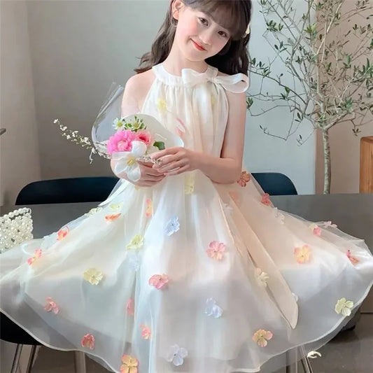Girls Sleeveless Princess Dresses Baby Print Mesh Sweet Dresses Kids Party Evening Tutu Gown Ball Childrens Clothes 4-12 Years