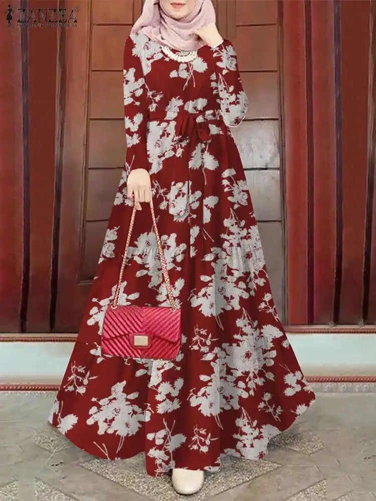 ZANZEA Vintage Muslim Long Dress Hijab Vestido Eid Mubarek Abaya Robe Women Long Sleeve Floral Printed Sundress Isamic Clothing