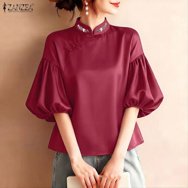 ZANZEA Woman Elegant Satin Blouses Chinese Style Embroidered Detail Mandarin Collar Lantern Sleeves Blusas de Mujer Vintage Tops