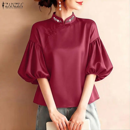 ZANZEA Woman Elegant Satin Blouses Chinese Style Embroidered Detail Mandarin Collar Lantern Sleeves Blusas de Mujer Vintage Tops