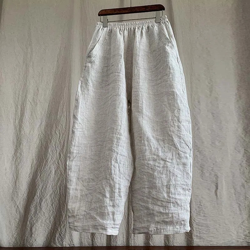 High Quality New Spring Summer Arts Style Women Elastic Waist Loose Ankle-length Pants Solid 100% Linen Casual Harem Pants T425