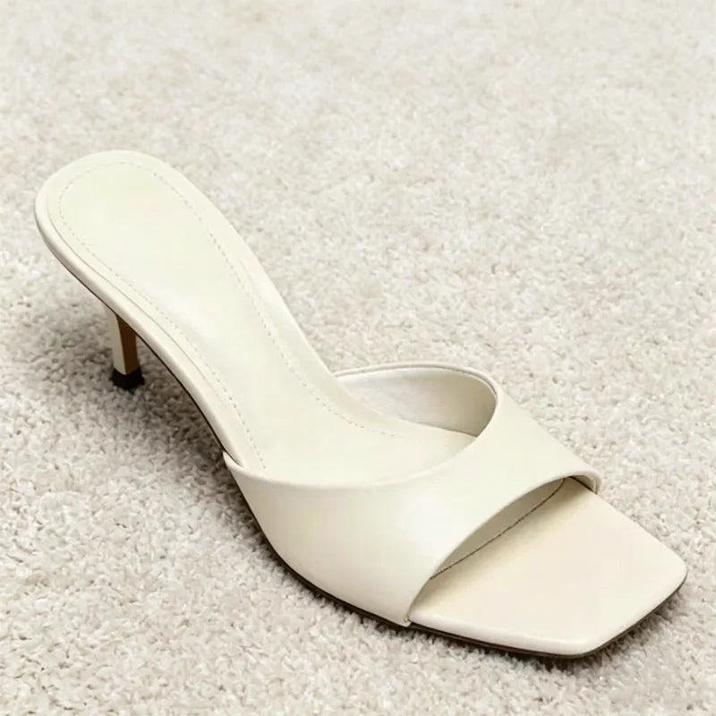 Luxury Wide-Strap Square-Toe Women's Slippers Sexy Stiletto Mules Sandals for Ladies Summer High Heels Elegant Women's Shoes