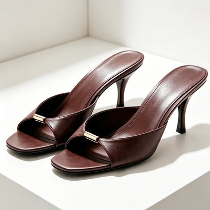 Sexy Open Toe Mules Sandals Women Fashion Metallic Detail Stiletto Women Slippers Summer Elegant Women Shoes Sandalias De Mujer