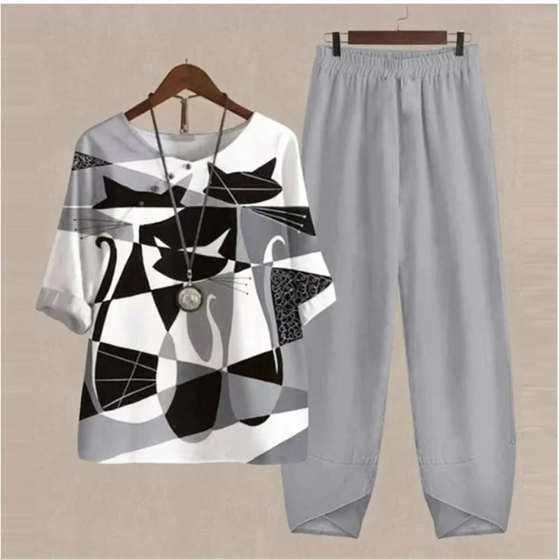 Summer Casual Two Piece Sets Women Loose Short Sleeve T-Shirt High Waist Pants Print Outfits Ladies Elegant Vintage top Pantsuit