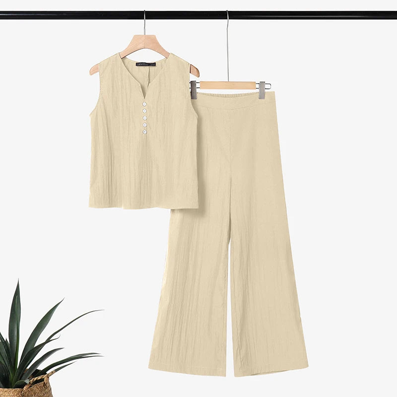ZANZEA Fashion Summer 2 Pieces Sets Women V Neck Sleeveless Tanks Tops Trousers Suit Casual OL Work Pant Sets Solid OL Tracksuit
