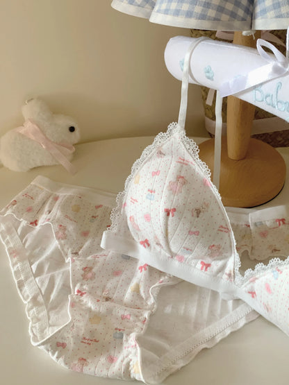 Secret of the Happy Little Bear Lingerie Sweet Feminine 100% Cotton Breathable Underwear Comfortable Small-Cup Bra Set Wire-Free