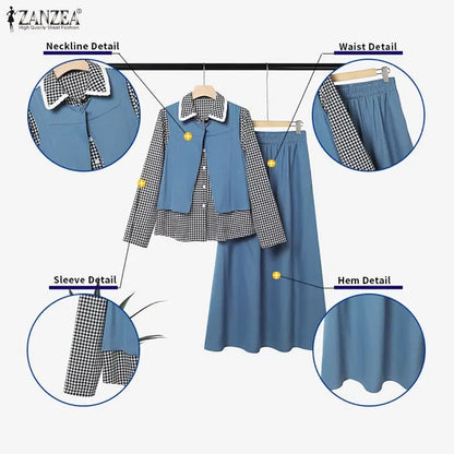 ZANZEA Women Muslim Sets Vintage Gingham Patchwork Fake 2 Pieces Blouse  Maxi Skirt Suit Casual Long Sleeve Tops Matching Sets