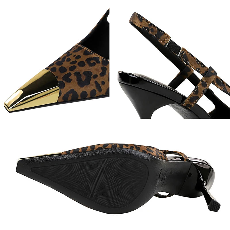 Summer Women's Sandals Leopard Print High Heels Metal Pointed Tip High Heeled Sandals Rear Empty Rear Strap Stiletto Heels Lady