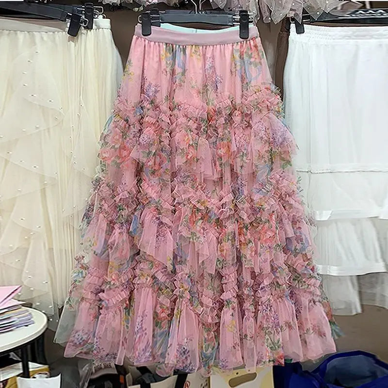 Elegant Long 2025 Patchwork  Flower Print Tulle Skirt plus Size Women's Cake Style Half Body Fairy Tale Skirts