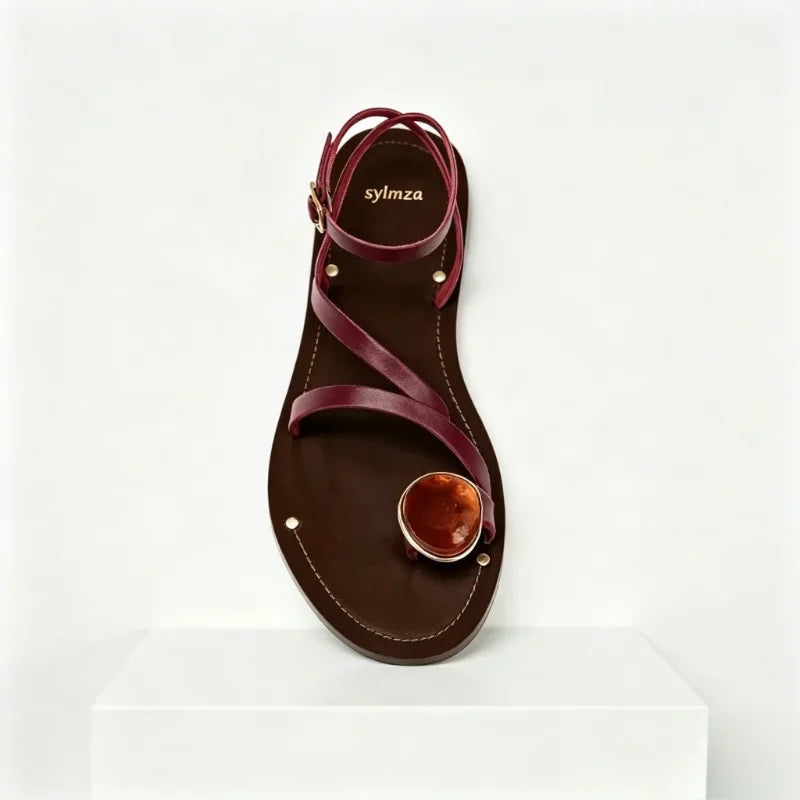 Luxury Rhinestone Decoration Brand Flat Sandals Women Fashion Ankle Strap Metal Buckle Designer Shoes Sexy Clip Toe Flip Flops