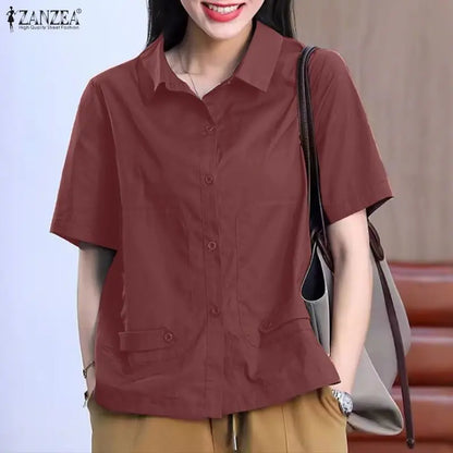 ZANZEA Summer Short Sleeves Woman Shirts Turn-Down Collar Pockets Button Up Casual Chic Tops Fashion Solid Color Chemises Femme