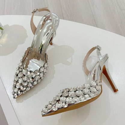 Liyke Elegant Pointed Toe Slingback Stiletto Sandals Crystal Diamonds Women Pumps High Heels Wedding Prom Shoes Zapatos Mujer