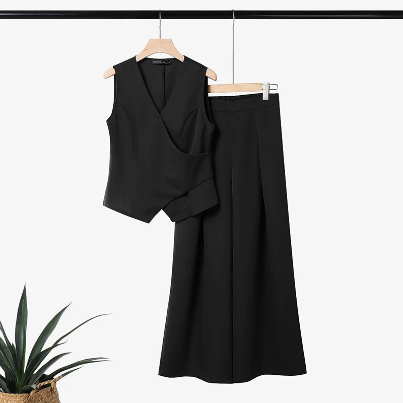 ZANZEA Women Casual Chic 2-Piece Pant Sets Sleeveless Wrapped Tops & Wide Leg Pants Matching Sets Office Lady Work Wear Co-ords