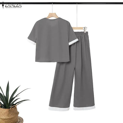 2026 Summer Outfits ZANZEA Fashion Women Pant Sets Patchwork Tracksuit Short Sleeve Shirt Wide Leg Trousers OL Work 2 Piece Sets