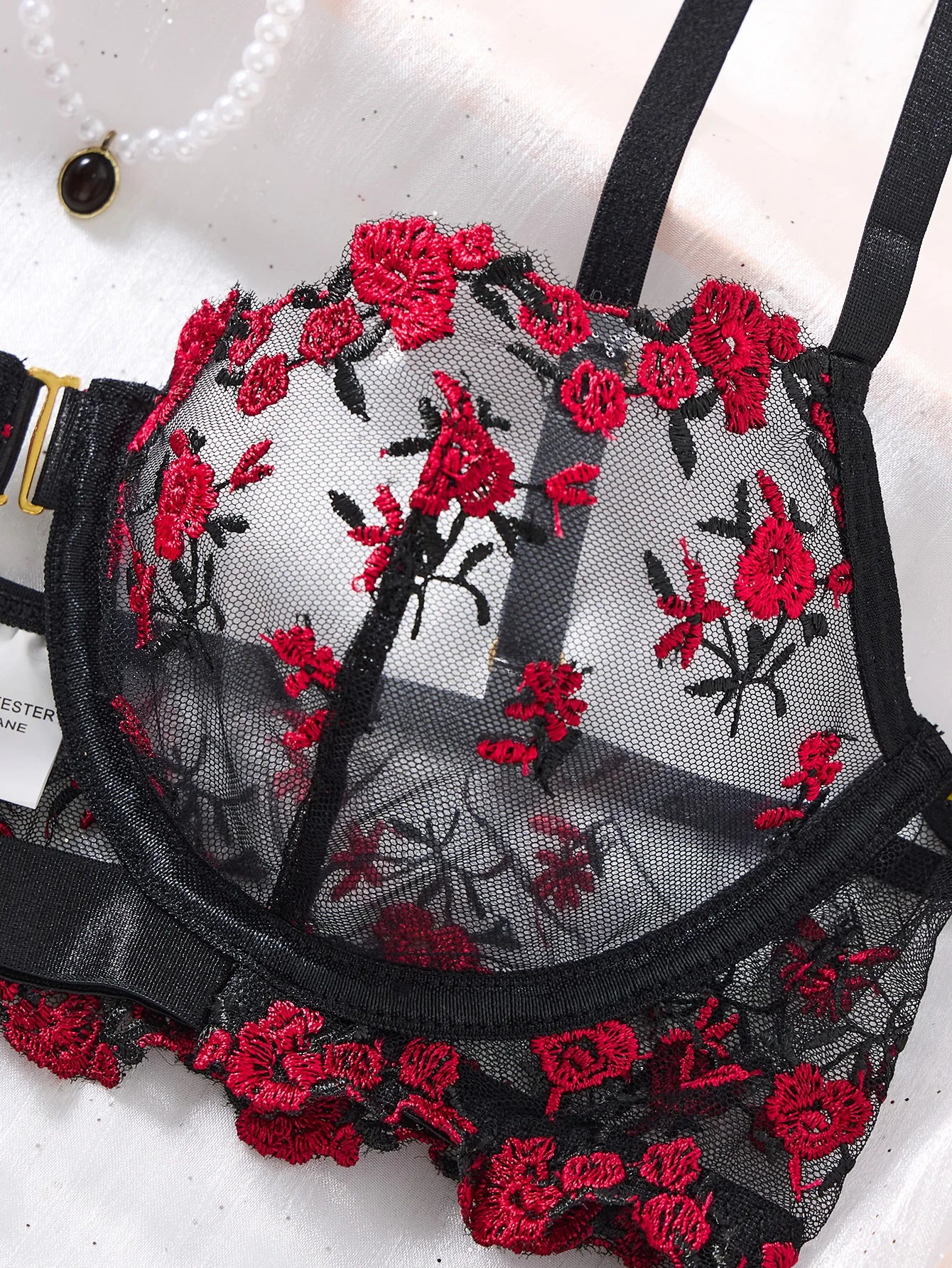 Women Black Red Floral Embroidery Lingerie Set Sheer Mesh Front Closure Underwire Bra & Thong 2‑Piece Intimate Underwear S‑XL