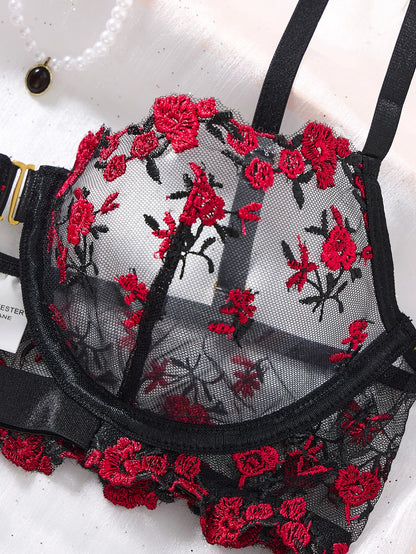 Women Black Red Floral Embroidery Lingerie Set Sheer Mesh Front Closure Underwire Bra & Thong 2‑Piece Intimate Underwear S‑XL
