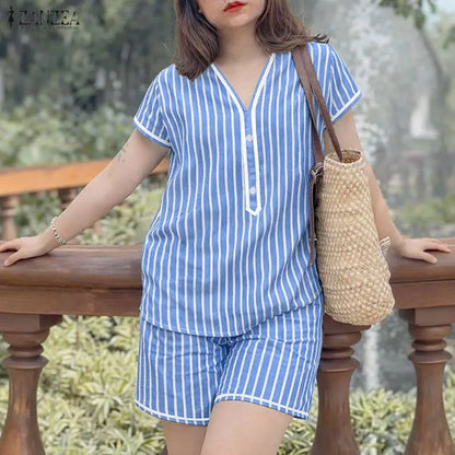 ZANZEA Women Casual Striped Short Suits Short Sleeve V-Neck Blouse & Elastic Waist Shorts 2 Pieces Sets Summer Loose Outfits