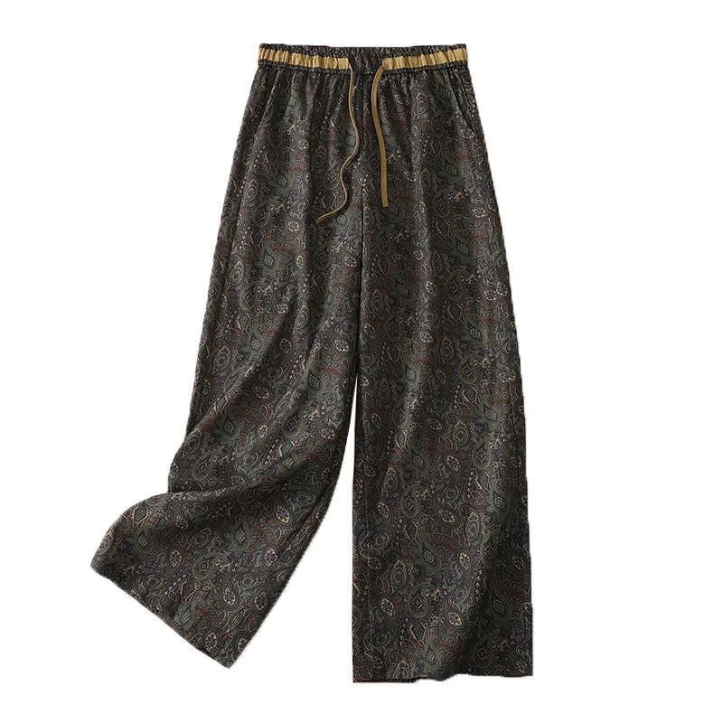 Cotton and Linen Printed Casual Pants Women's Summer New Arrival Fashionable Retro Elegant Drawstring High Waist Wide Leg Pants