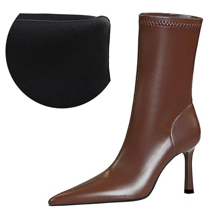 BIGTREE Shoes Ladies' Leather Boots Pointed End Women Ankle Boots Stiletto Heels Ladies Shoes Autumn Winter Shoes Short Boots